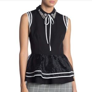 # NWT Gracia Sleeveless Peplum Crystal Neck Blouse